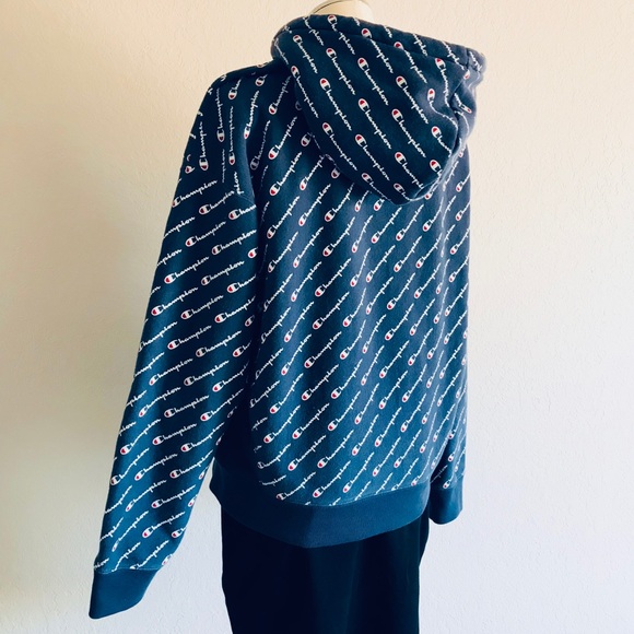 Champion All-Over Diagonal Logo Reverse Weave Hoody Sweatshirt Mens Size XL  EUC - Picture 4 of 11